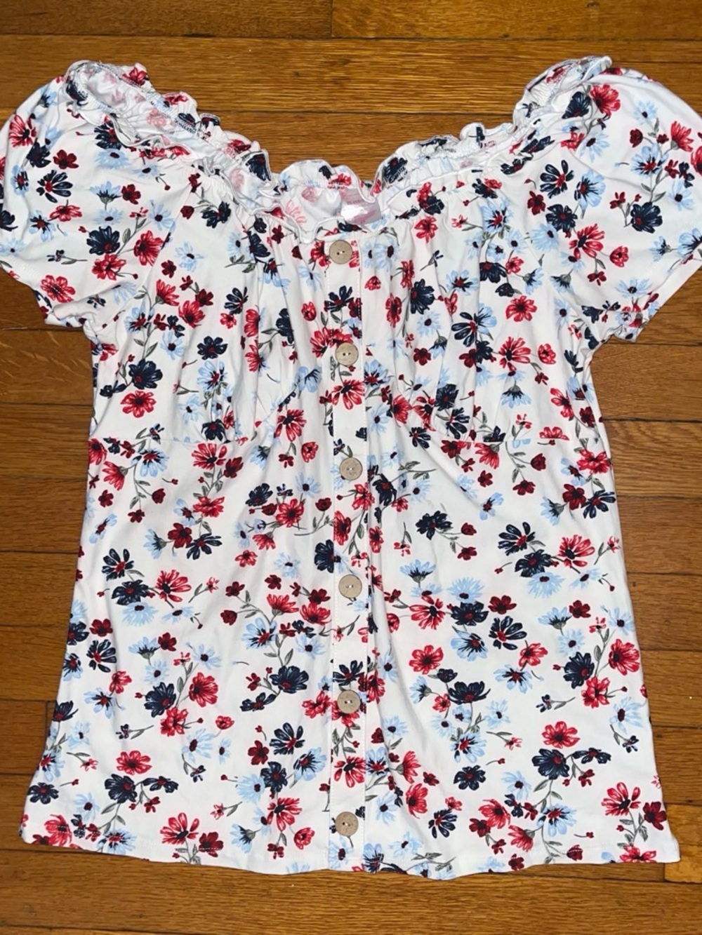 No Boundaries White Floral Button-Up Blouse with Red and Navy Flowers